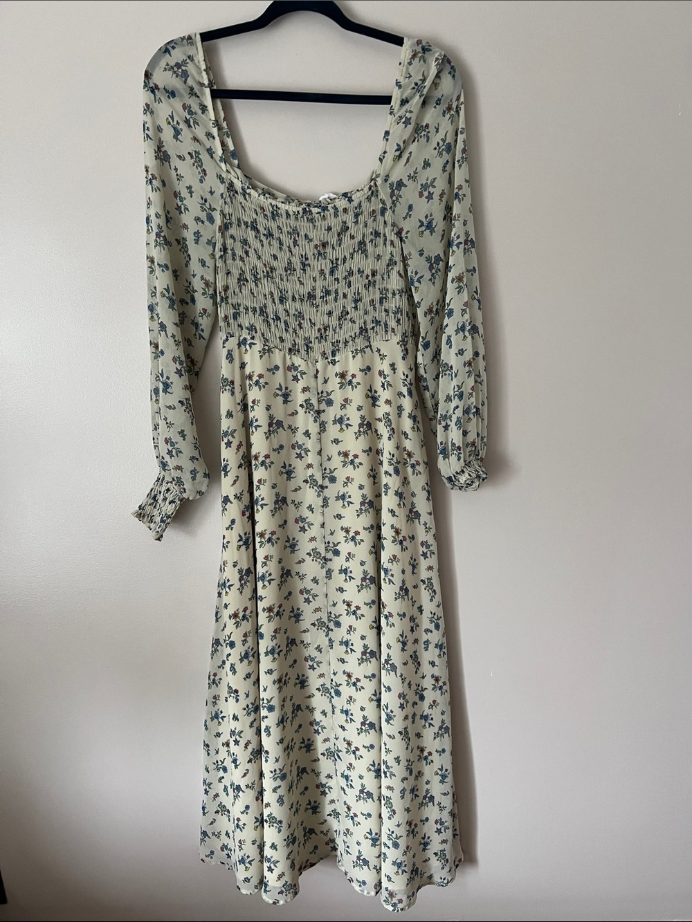 Cream Floral Smocked Long-Sleeve Midi Dress
